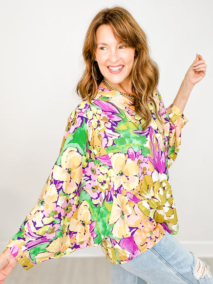 Floral Printed Batwing Oversized Top