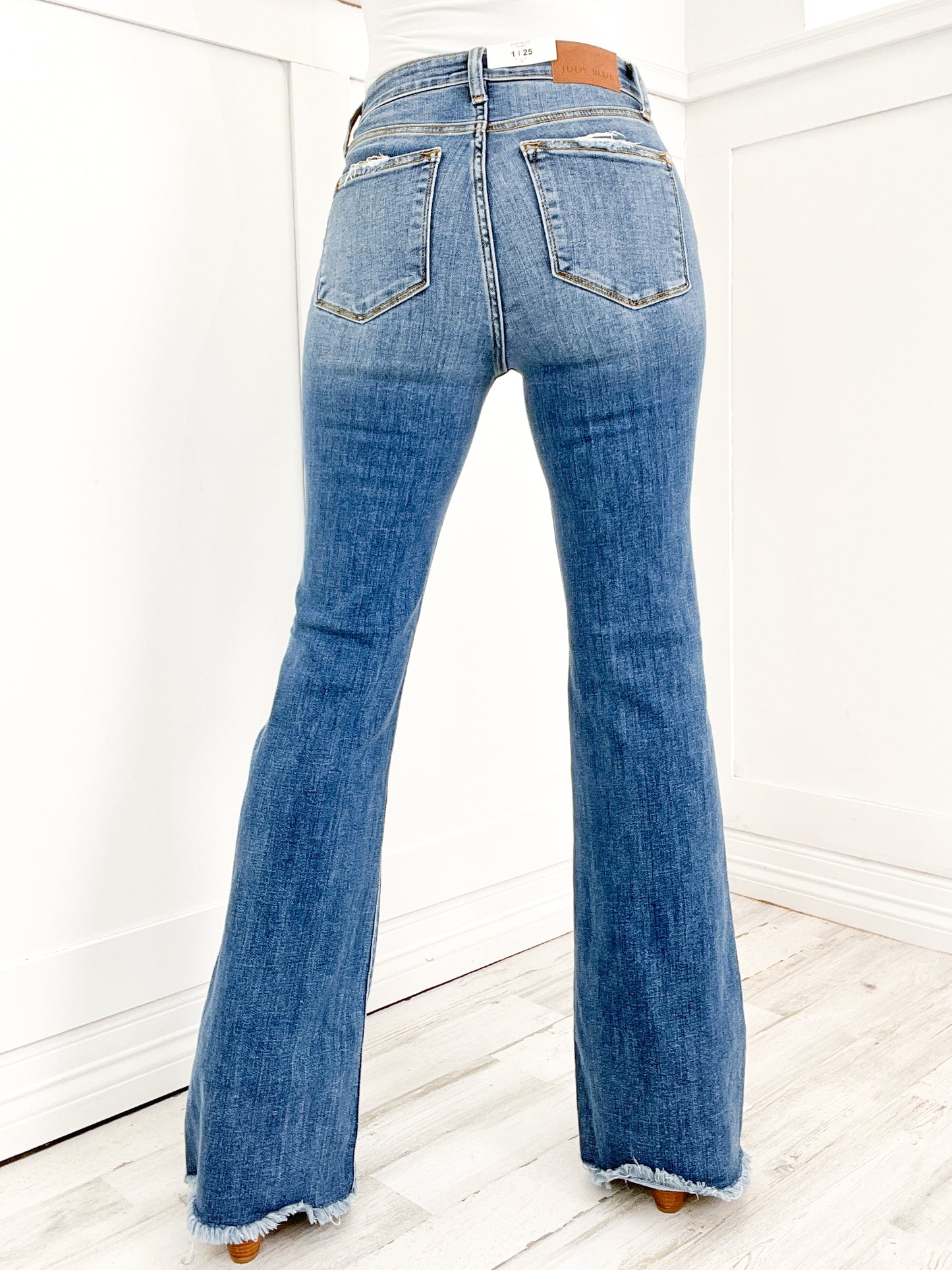 Judy Blue MADE YOU LOOK Mid-Rise Button Fly Flare Jeans with Distressed Frayed Hem