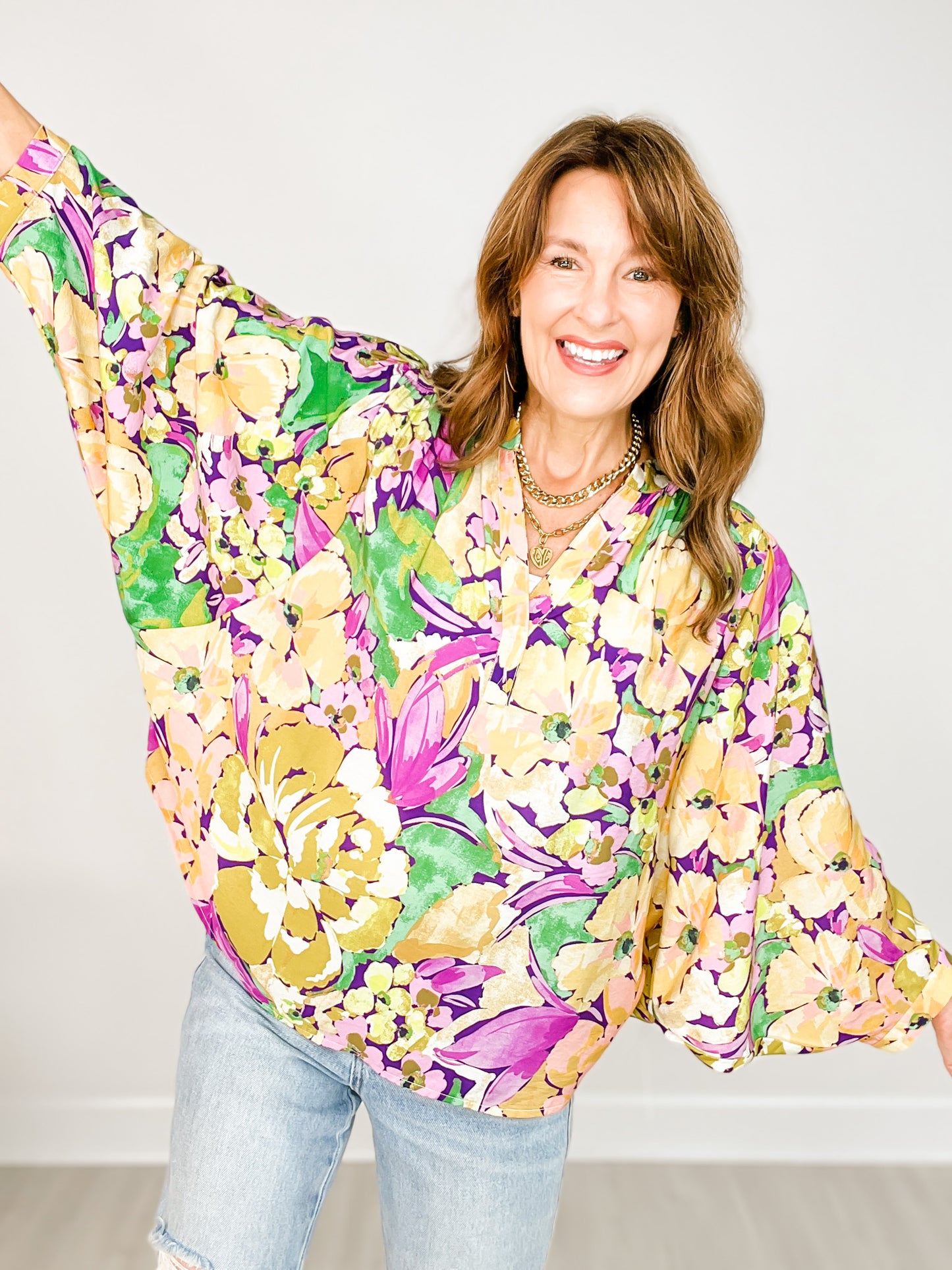 Floral Printed Batwing Oversized Top