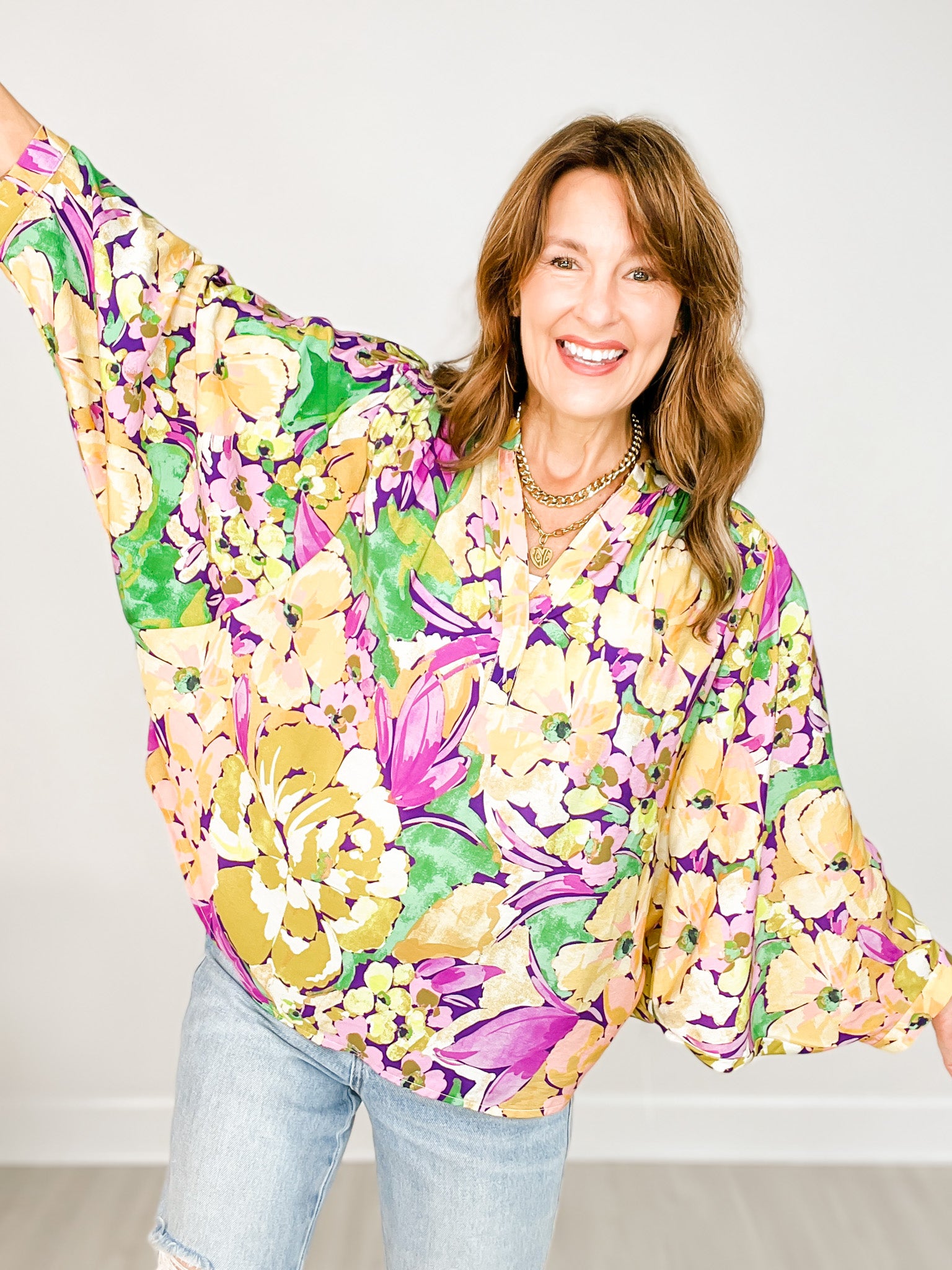 Floral Printed Batwing Oversized Top