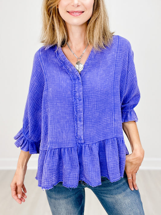 Mineral Washed Cotton Gauze Top with Ruffle Sleeve and Waistline