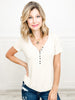 V-neck short sleeve lace trim ribbed knit top