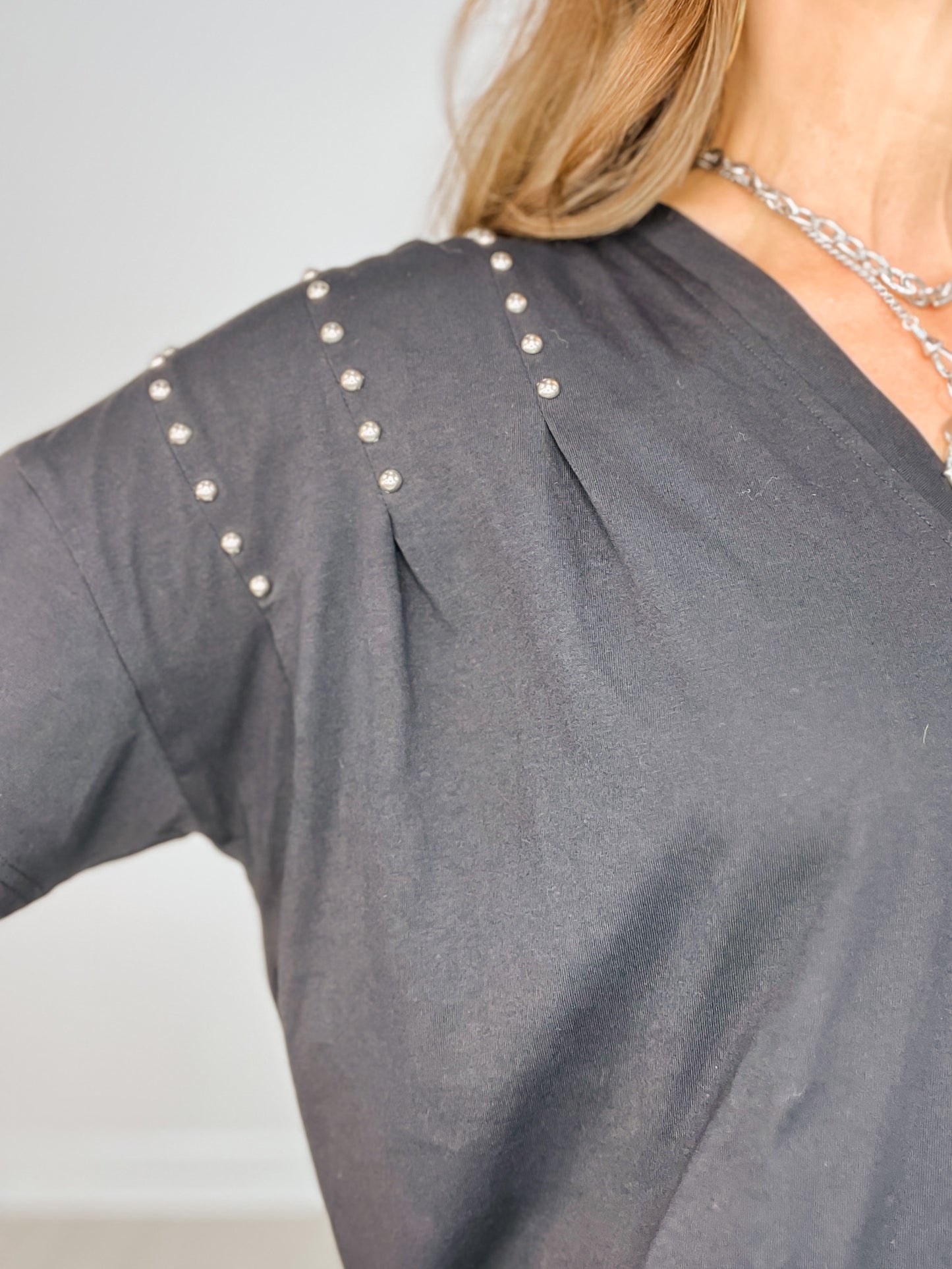 Solid Half-Sleeve Top with Stud Details and V-Neckline