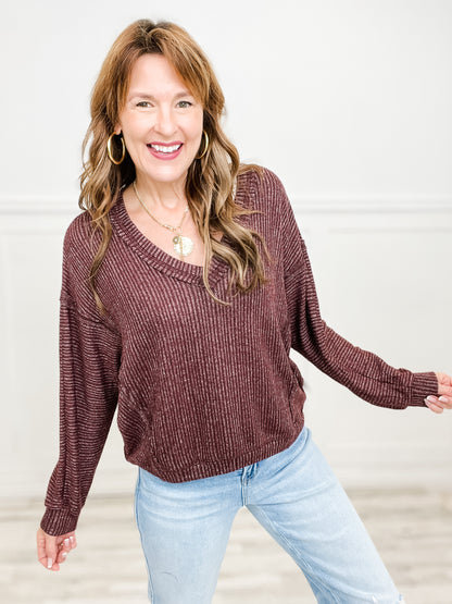 Striped Drop Shoulder Long Sleeve V-Neck Knit Top