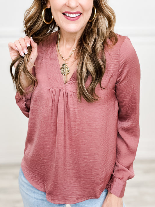 Textured Satin V-Neck Long Sleeve Top