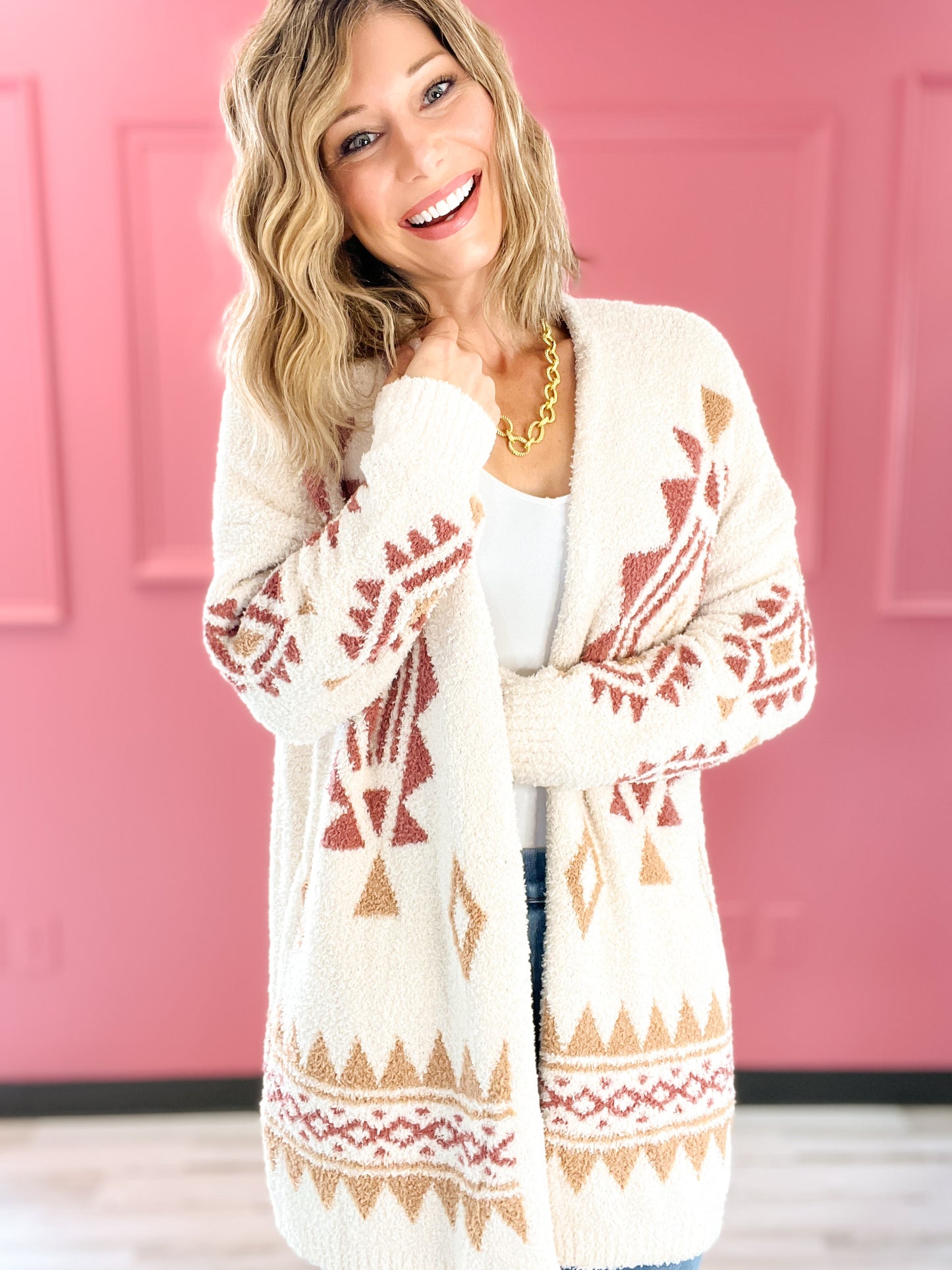 Crazy In Love Aztec Pattern Comfy Open Long Sweater Cardigan - Oatmeal  Combo / S