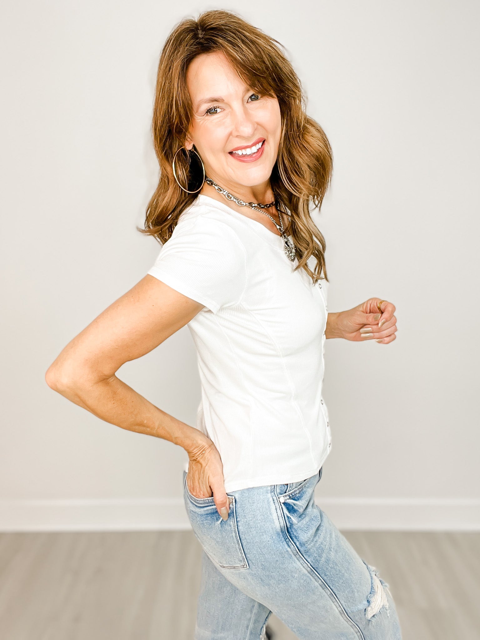 Snap Button Front Short Sleeve Top with Round Neckline