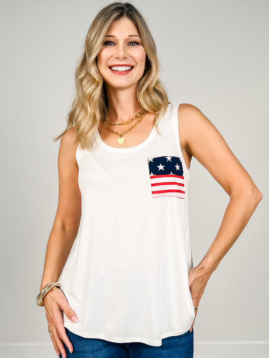Sleeveless Solid Top With Star And Stripe Pocket