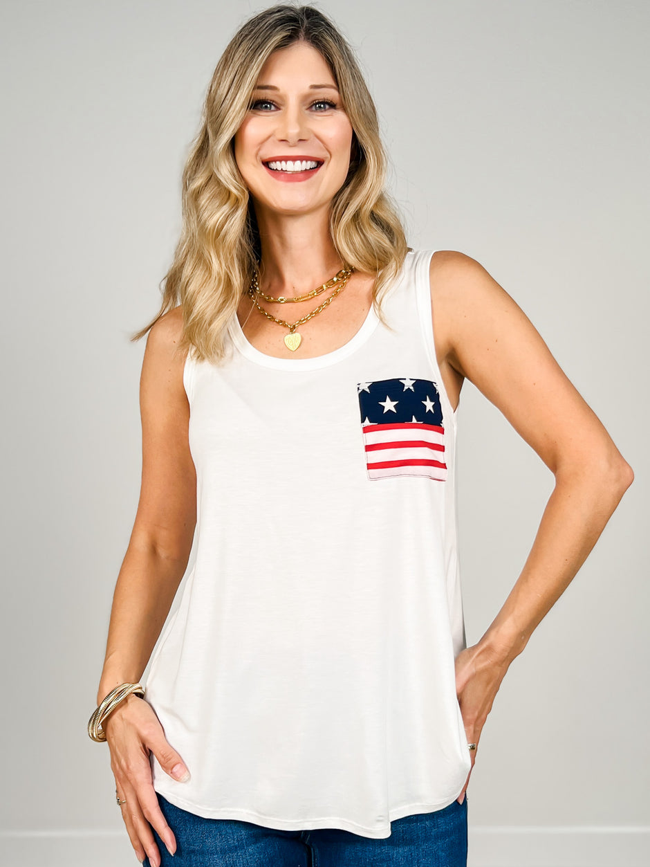 Sleeveless Solid Top With Star And Stripe Pocket