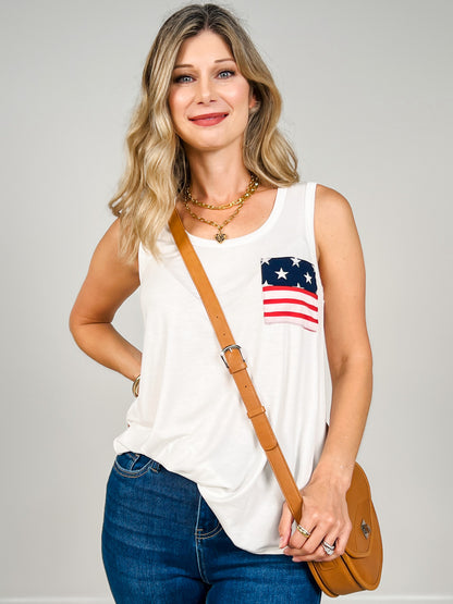 Sleeveless Solid Top With Star And Stripe Pocket