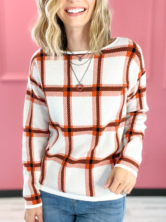 Falling For You Checkered Wide Neck Long Sleeve Pullover Sweater Top