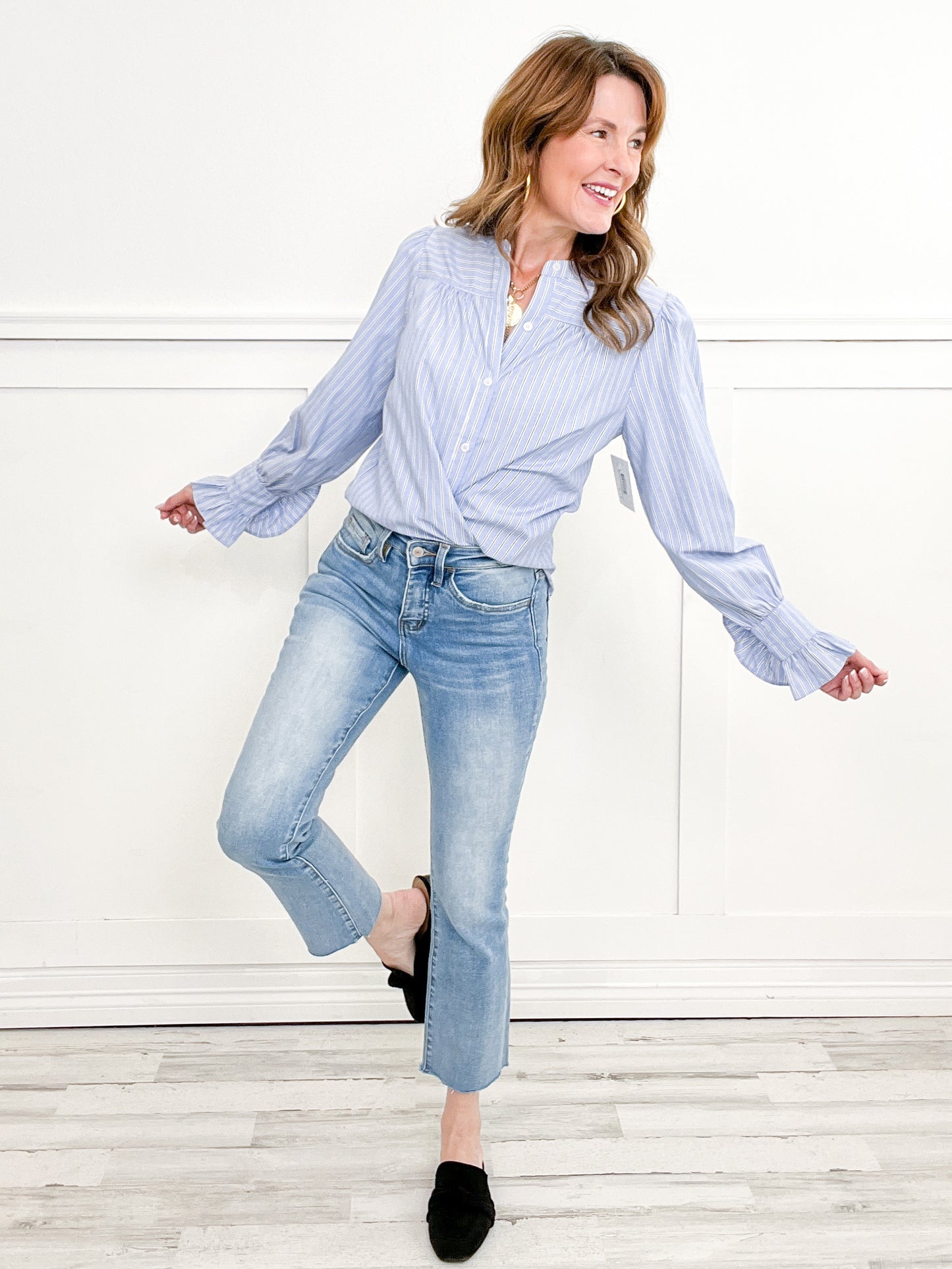 Striped Ruffle Cuff Sleeve Mandarin Button Down Collared Top