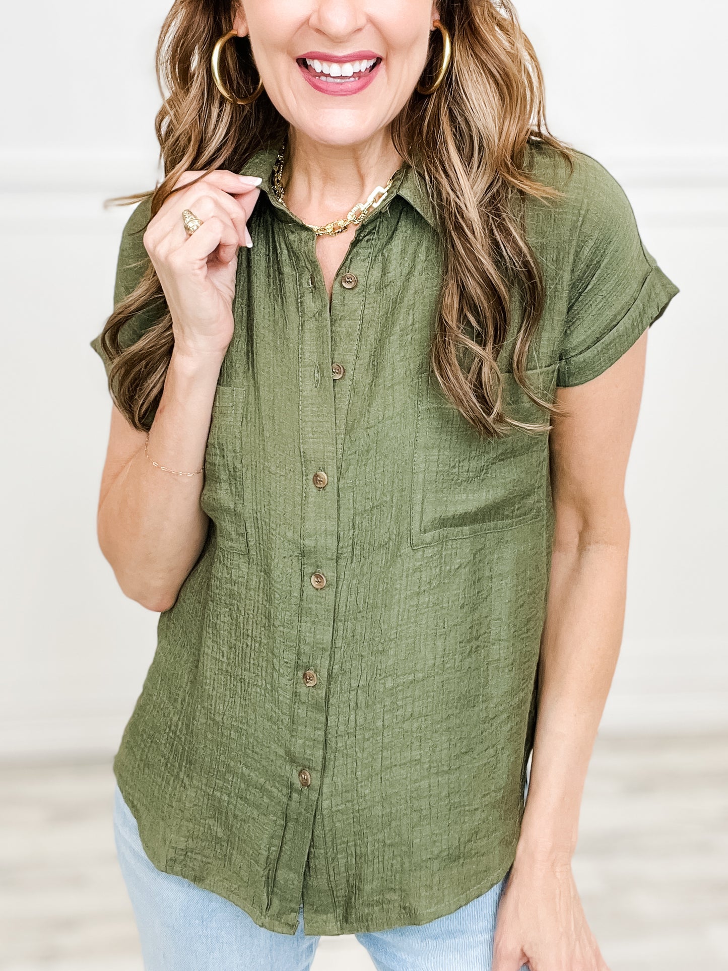 Solid Fold Short Sleeve Button Down Top