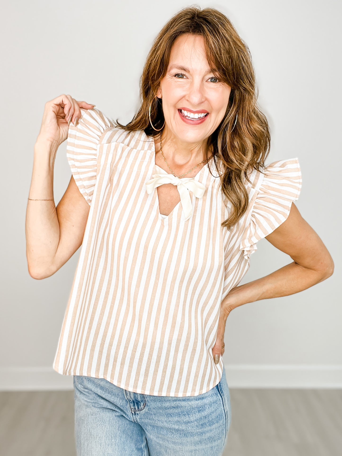 Stripe Woven Ruffled Sleeve Front Bow Top