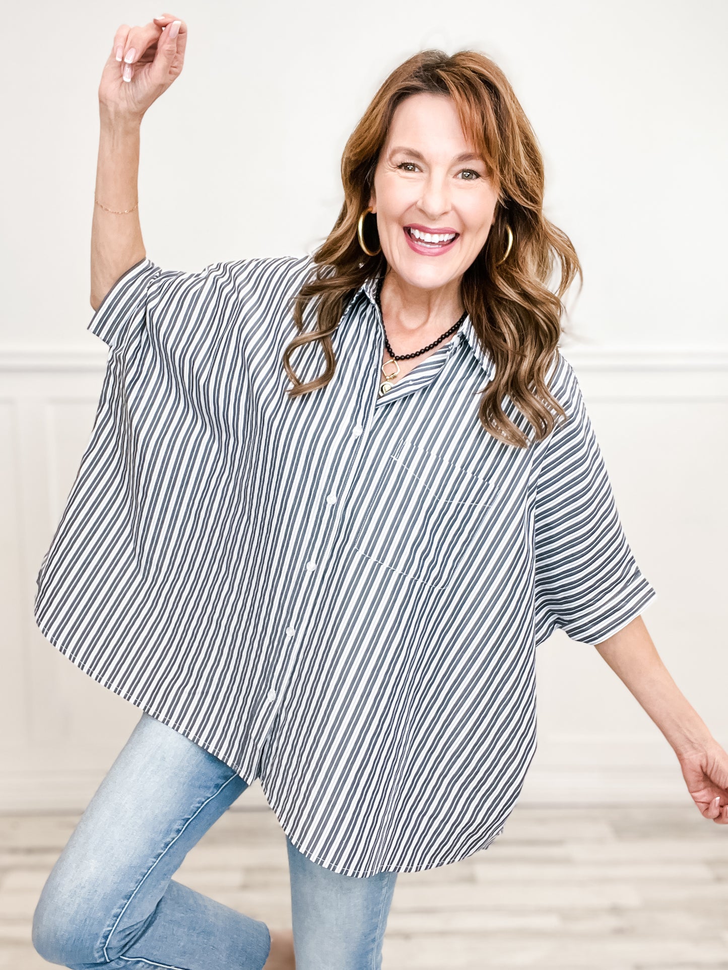 Striped Collared Button Down Oversized Top