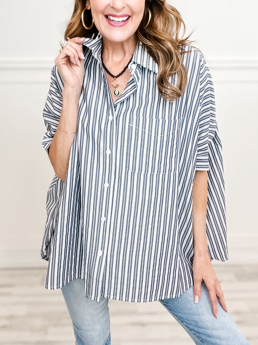 Striped Collared Button Down Oversized Top