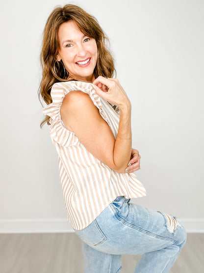 Stripe Woven Ruffled Sleeve Front Bow Top