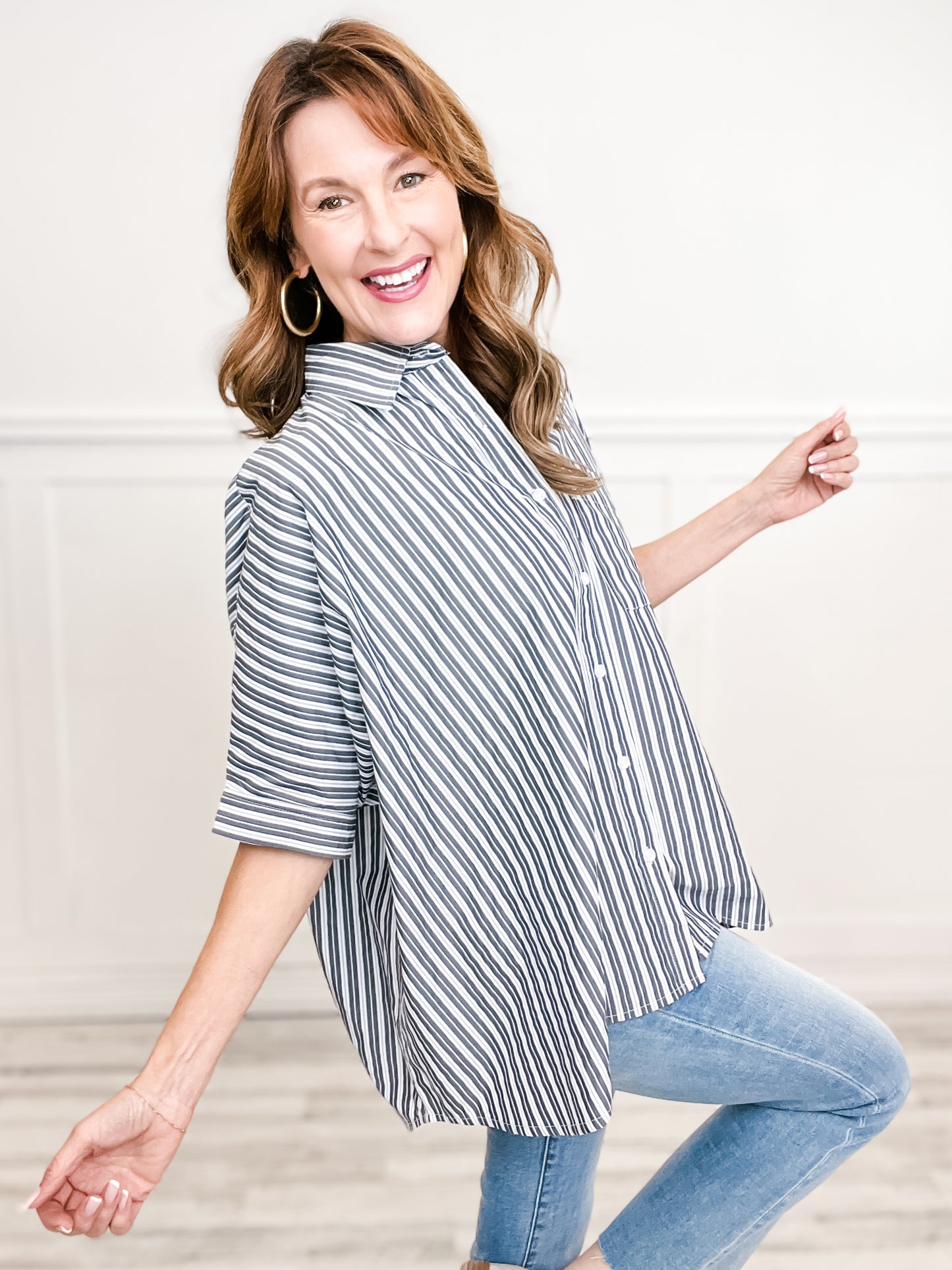 Striped Collared Button Down Oversized Top