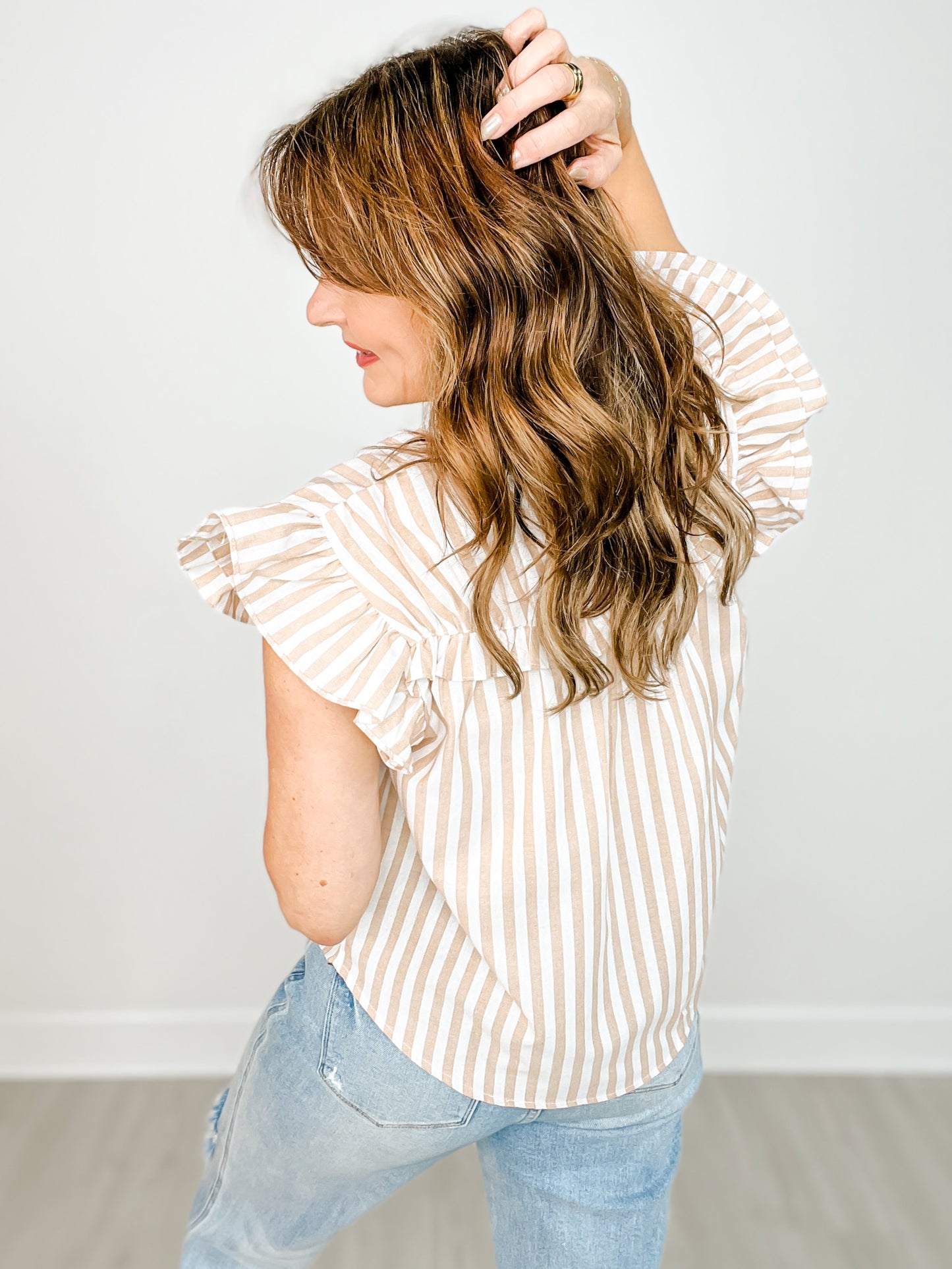 Stripe Woven Ruffled Sleeve Front Bow Top