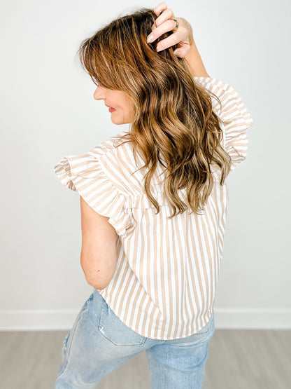 Stripe Woven Ruffled Sleeve Front Bow Top