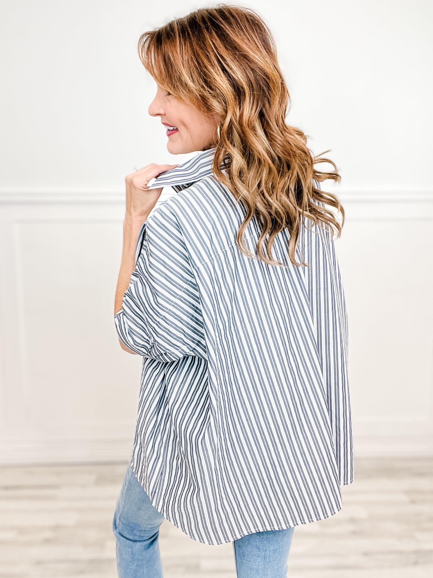 Striped Collared Button Down Oversized Top