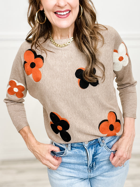 Three Quarter Length Lightweight Sweater Top with Flower Embroidery