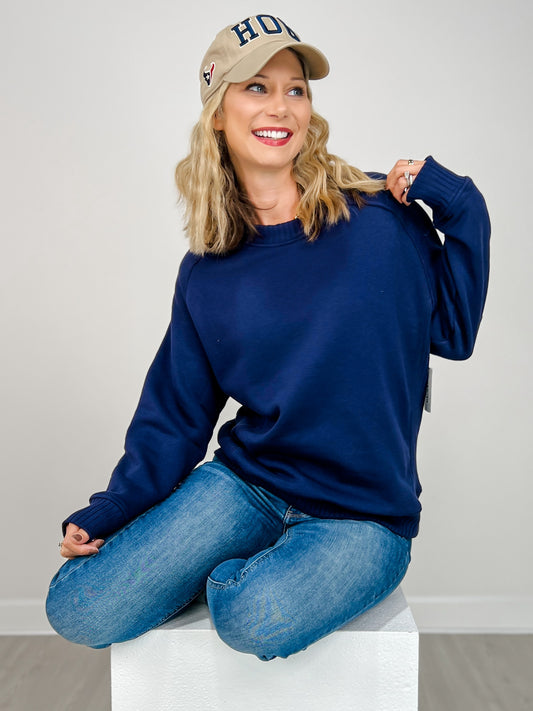 French Terry Long Sleeve Crewneck Top in Navy
