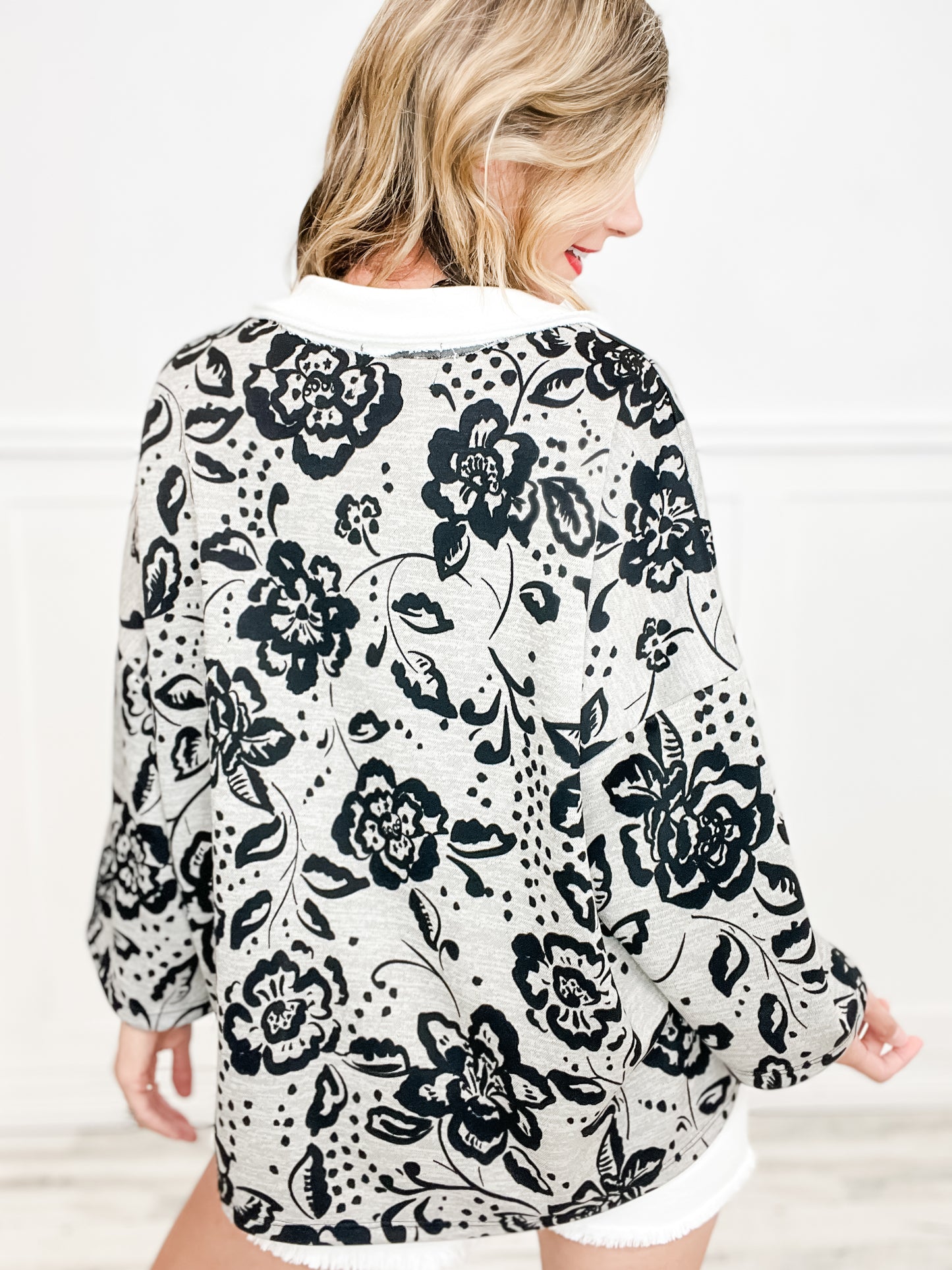 Floral Printed Collared Pullover Sweatshirt Top