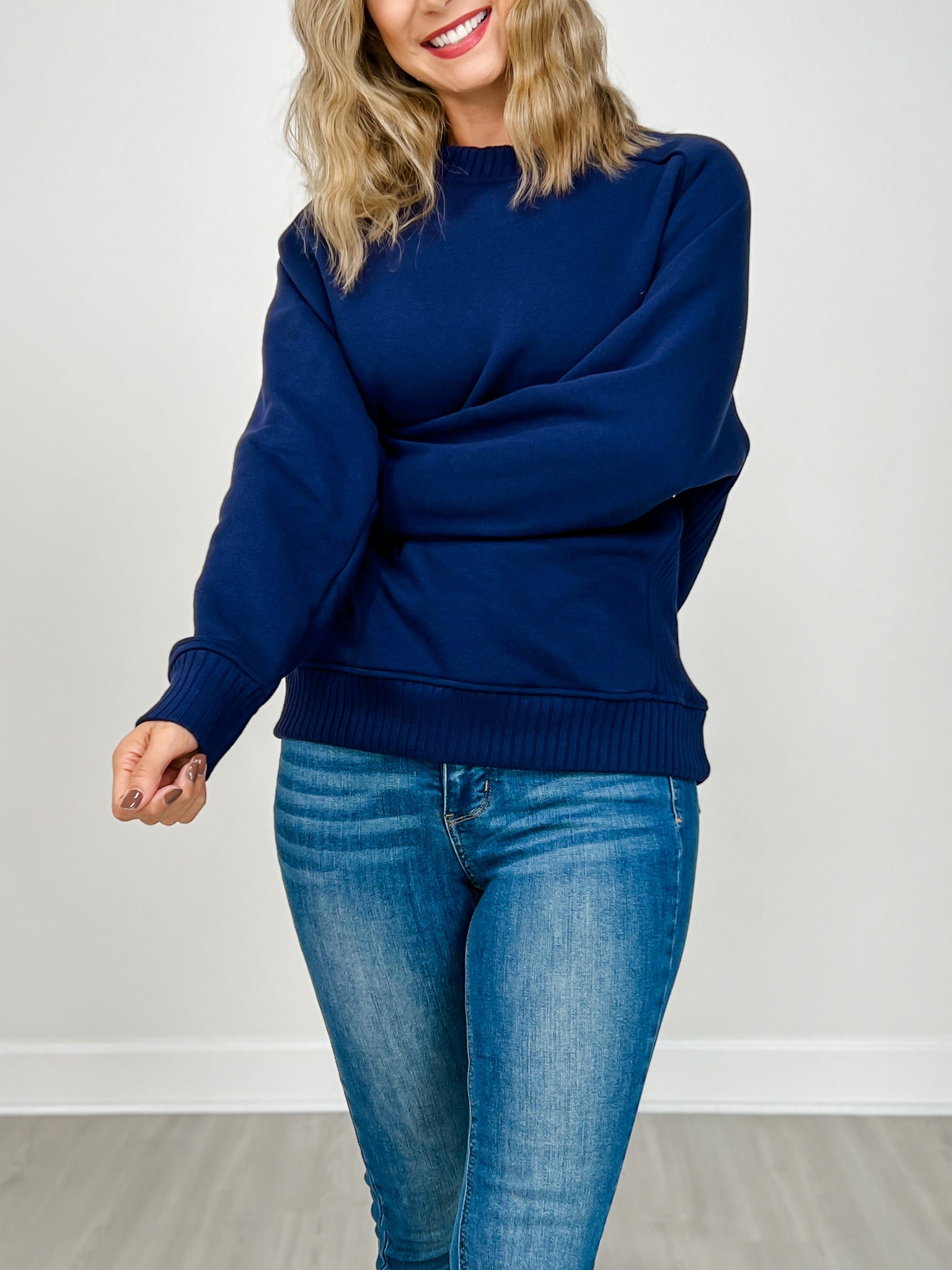 French Terry Long Sleeve Crewneck Top in Navy