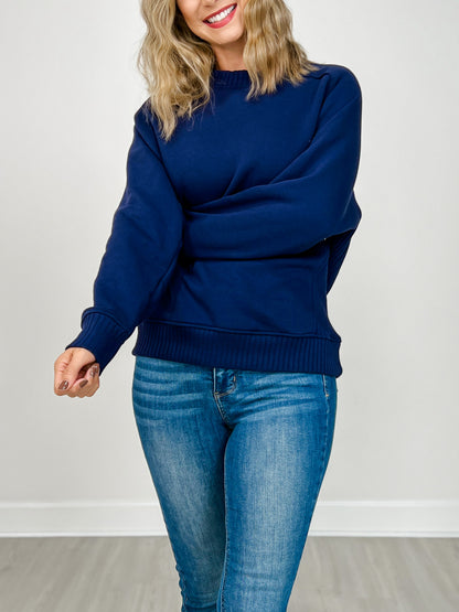 French Terry Long Sleeve Crewneck Top in Navy