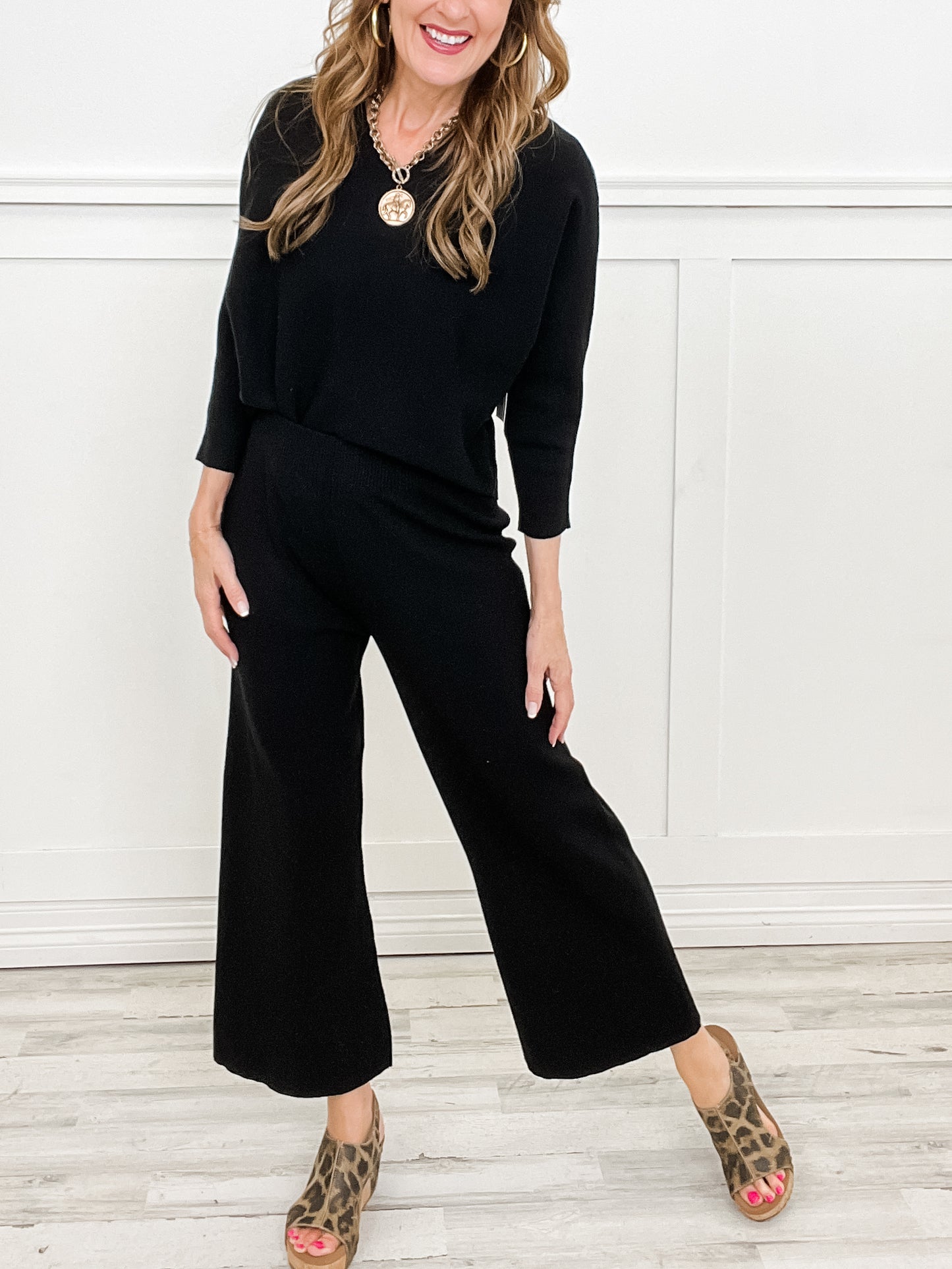 V-Neck Sweater Top with Matching High Waisted Pants Set