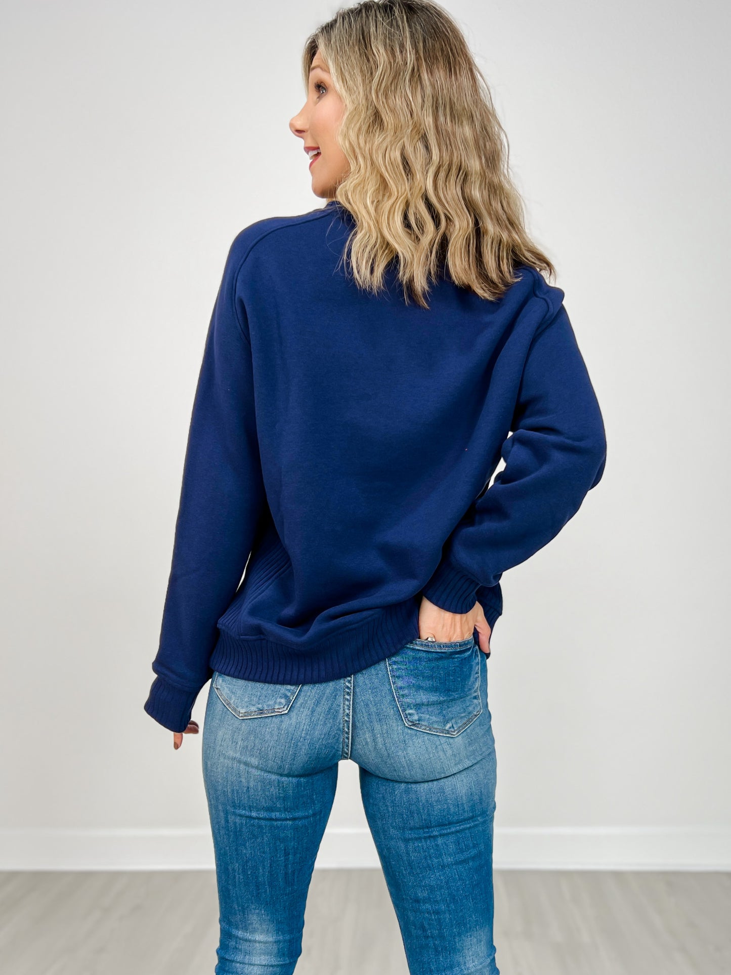 French Terry Long Sleeve Crewneck Top in Navy