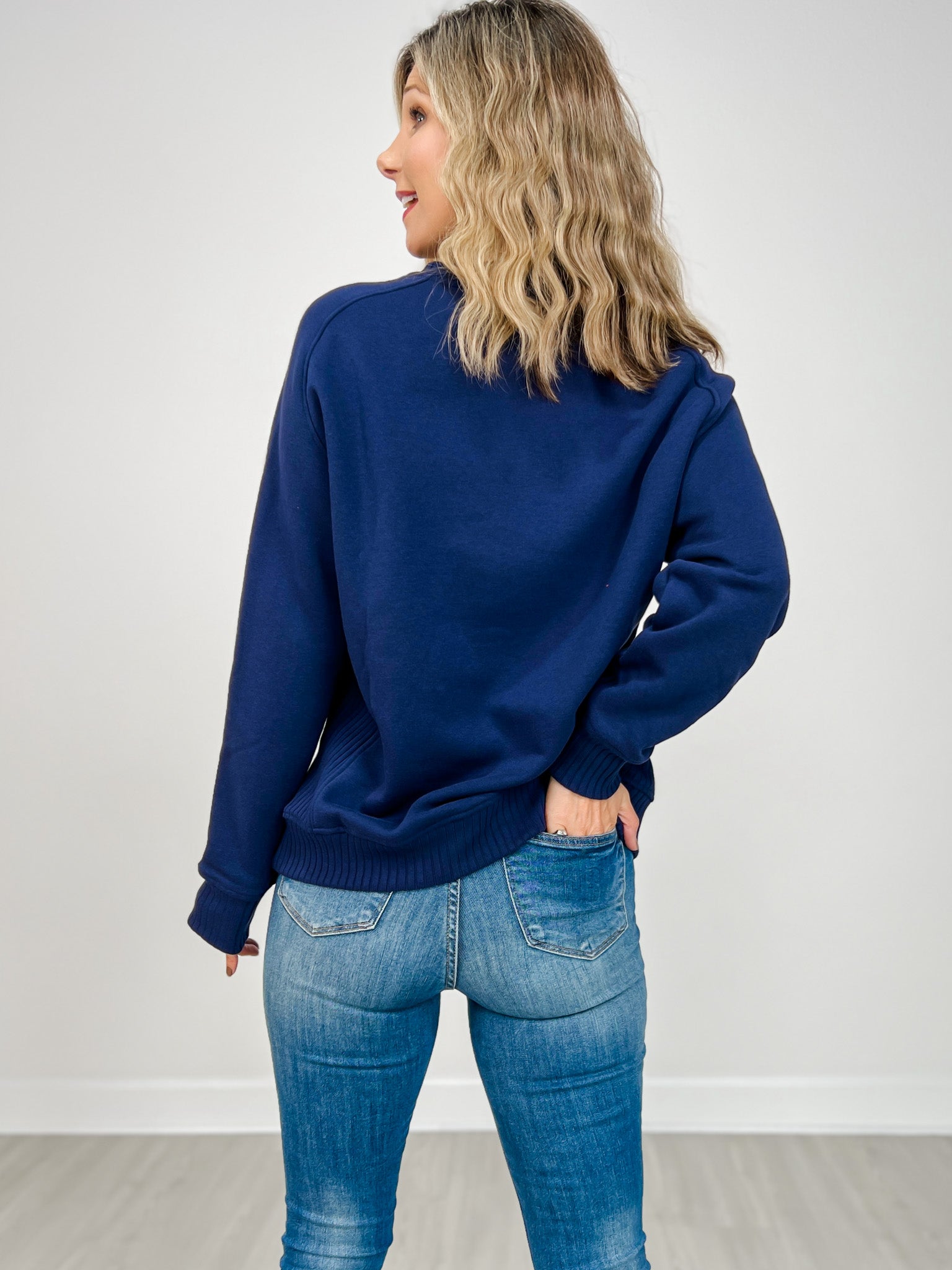 French Terry Long Sleeve Crewneck Top in Navy