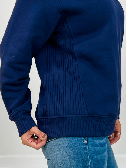 French Terry Long Sleeve Crewneck Top in Navy