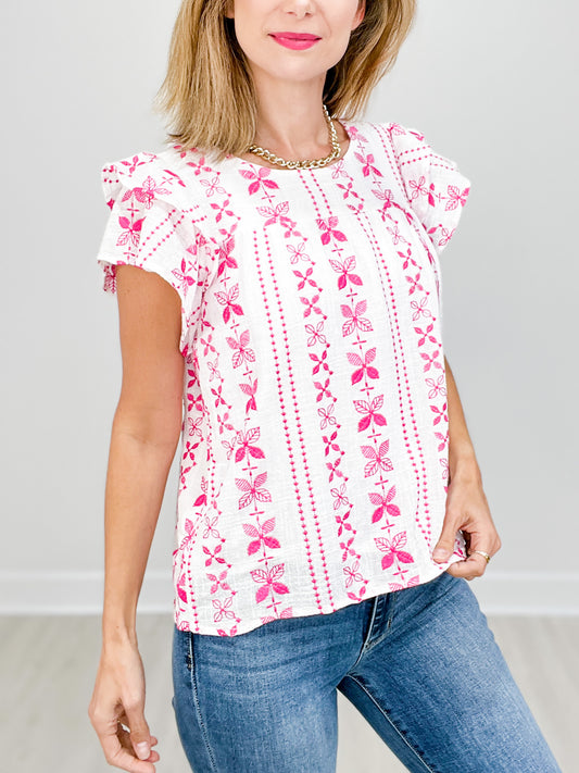 Botanical Embroidered Layered Ruffle Short Sleeve Top