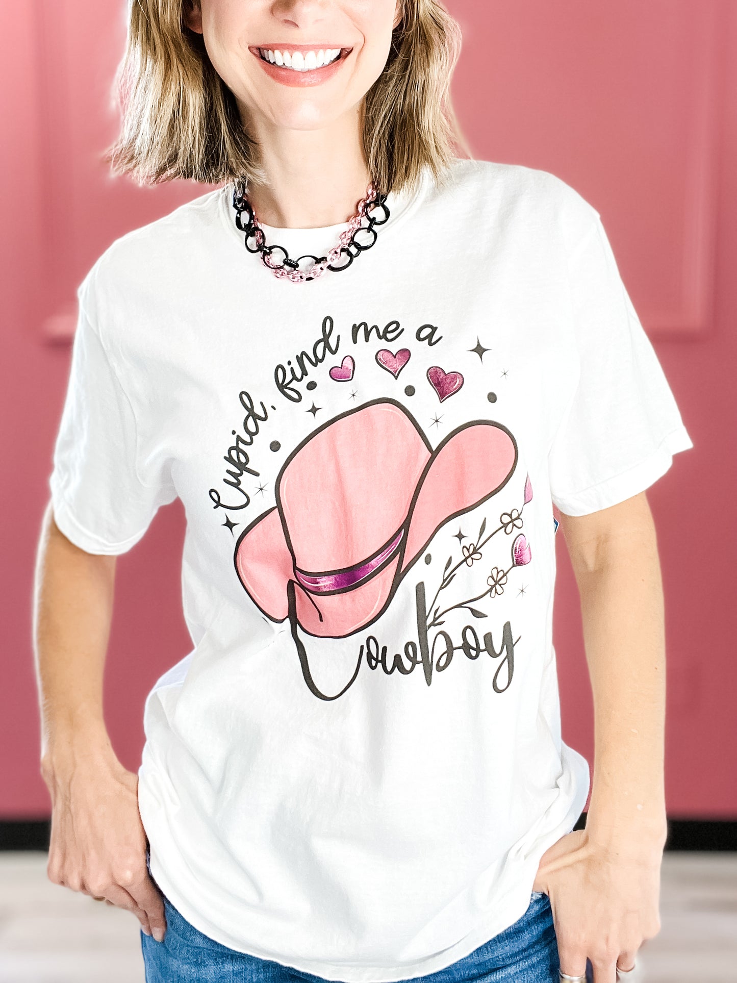 Cupid Find Me a Cowboy Pink Foiled Graphic Top