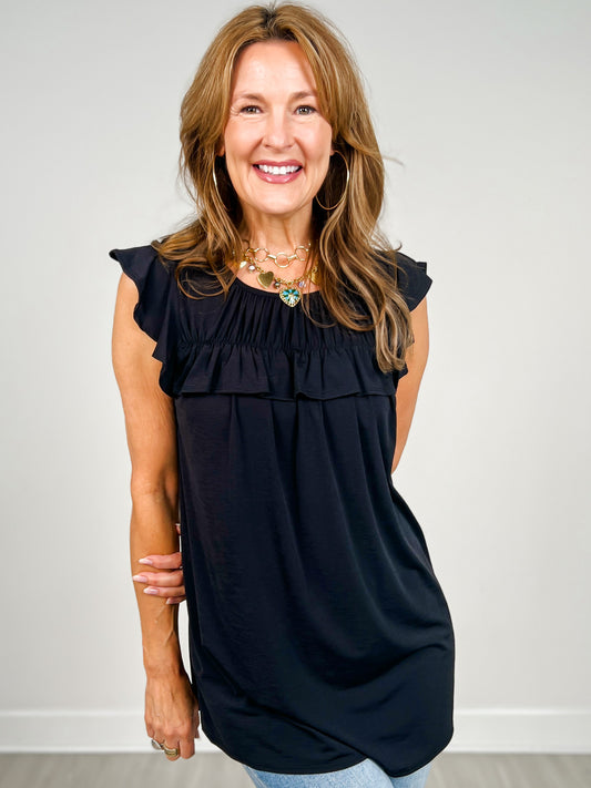 Round Neck Solid Top With Ruffled Detail