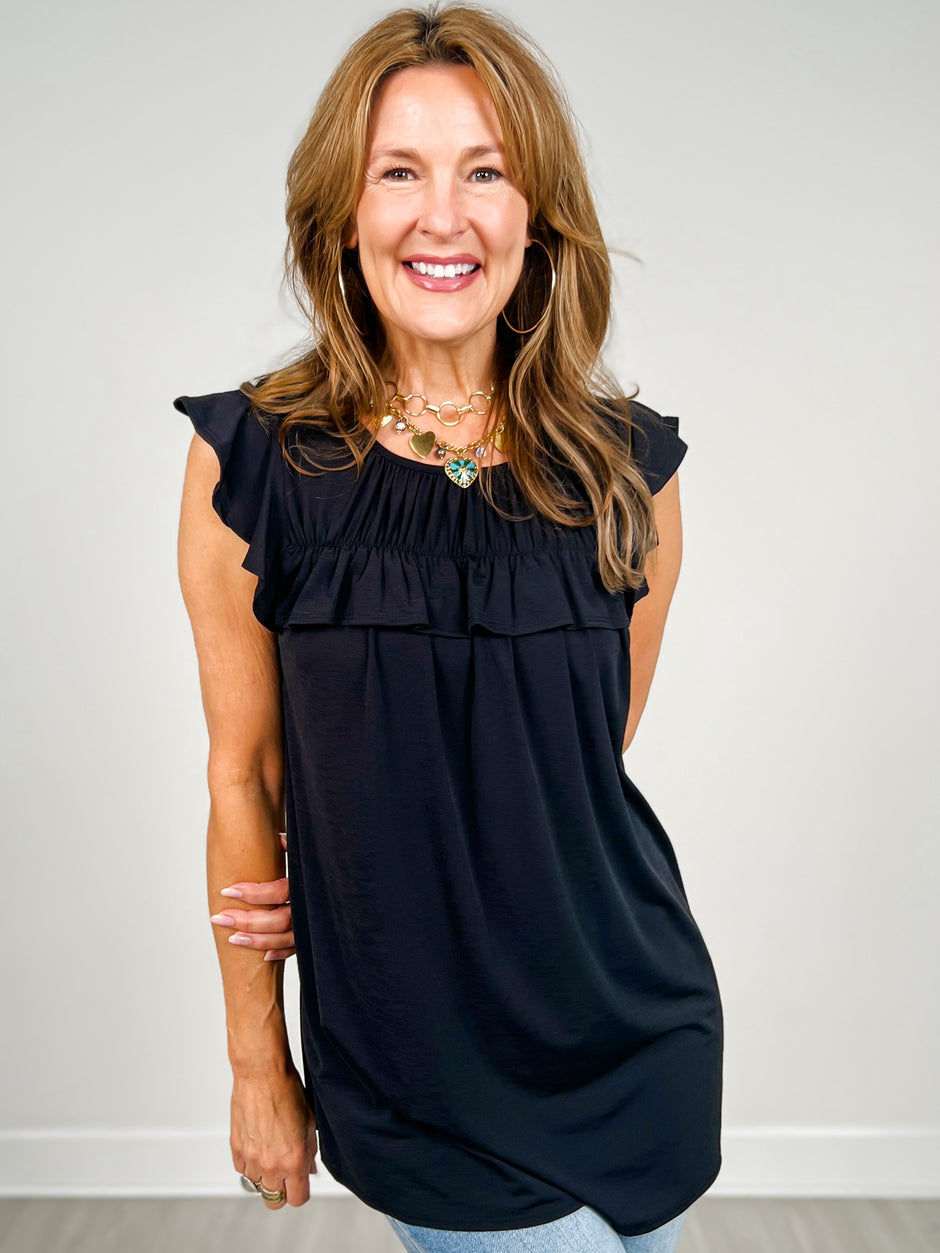 Round Neck Solid Top With Ruffled Detail