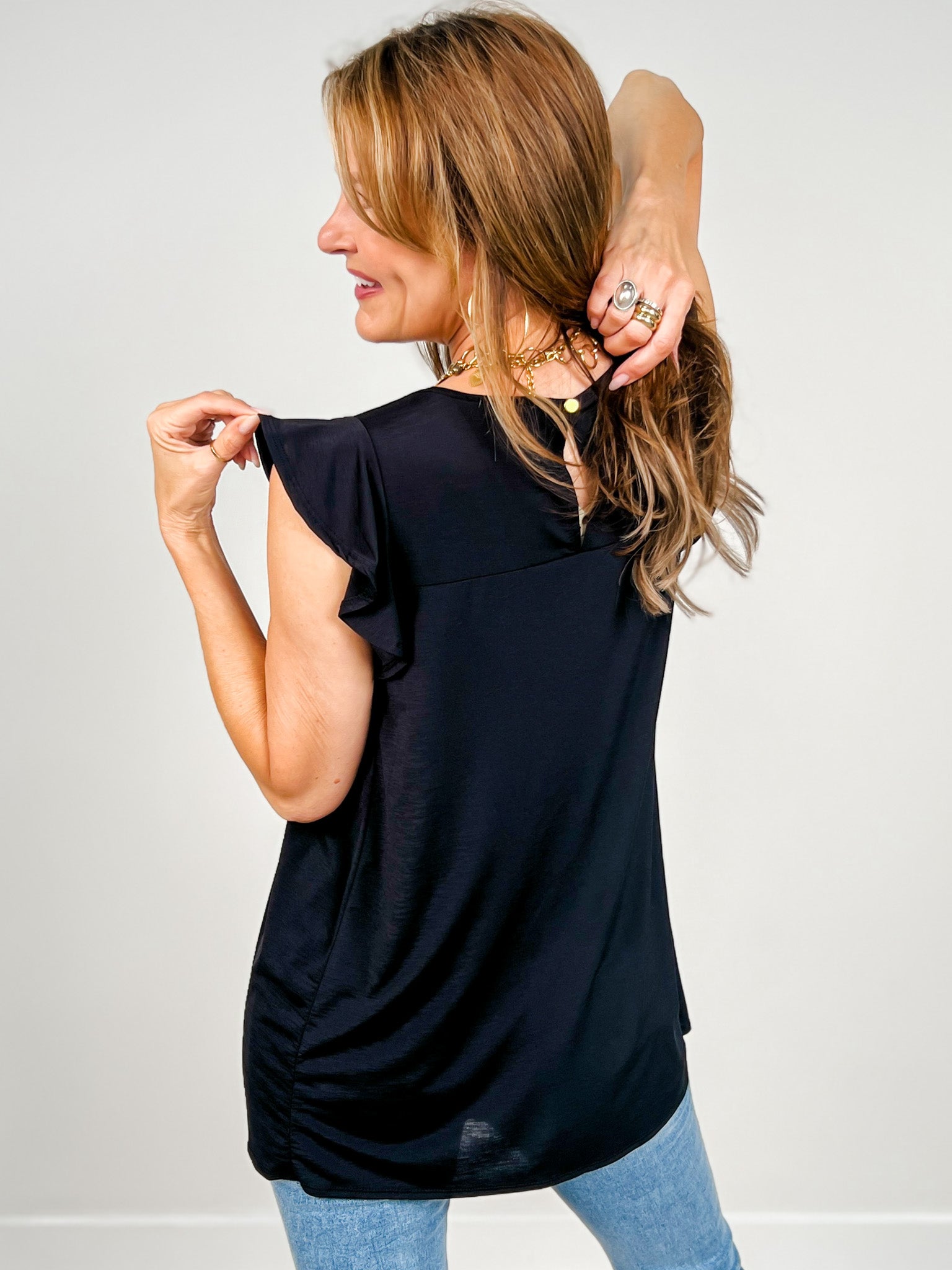 Round Neck Solid Top With Ruffled Detail