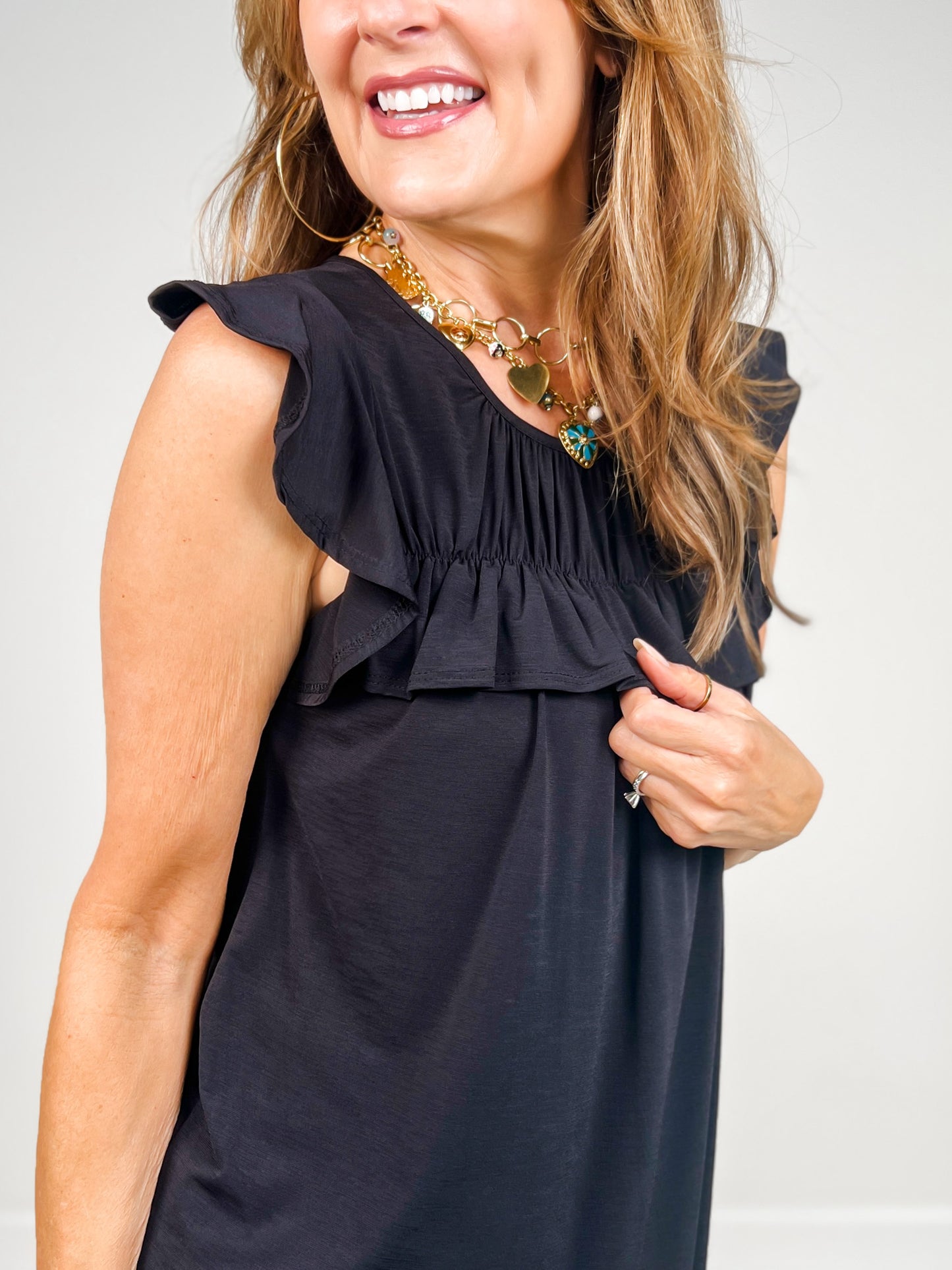 Round Neck Solid Top With Ruffled Detail