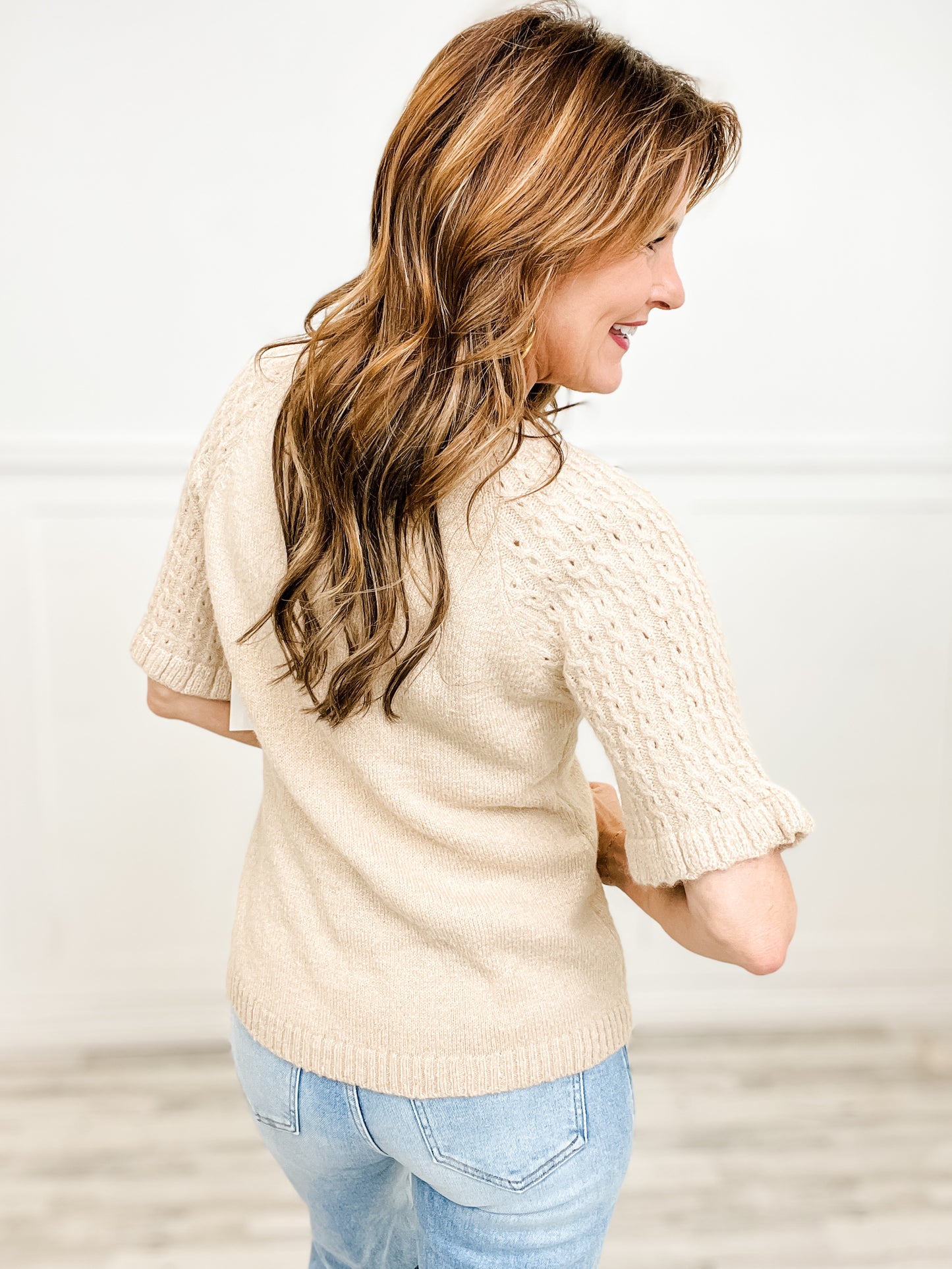 Cable Knit Short Ruffled Sleeve Sweater Top