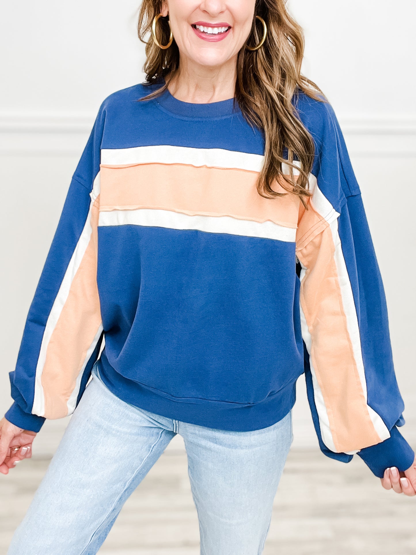 Color Block French Terry Cut Edge Detail Long Sleeve Top