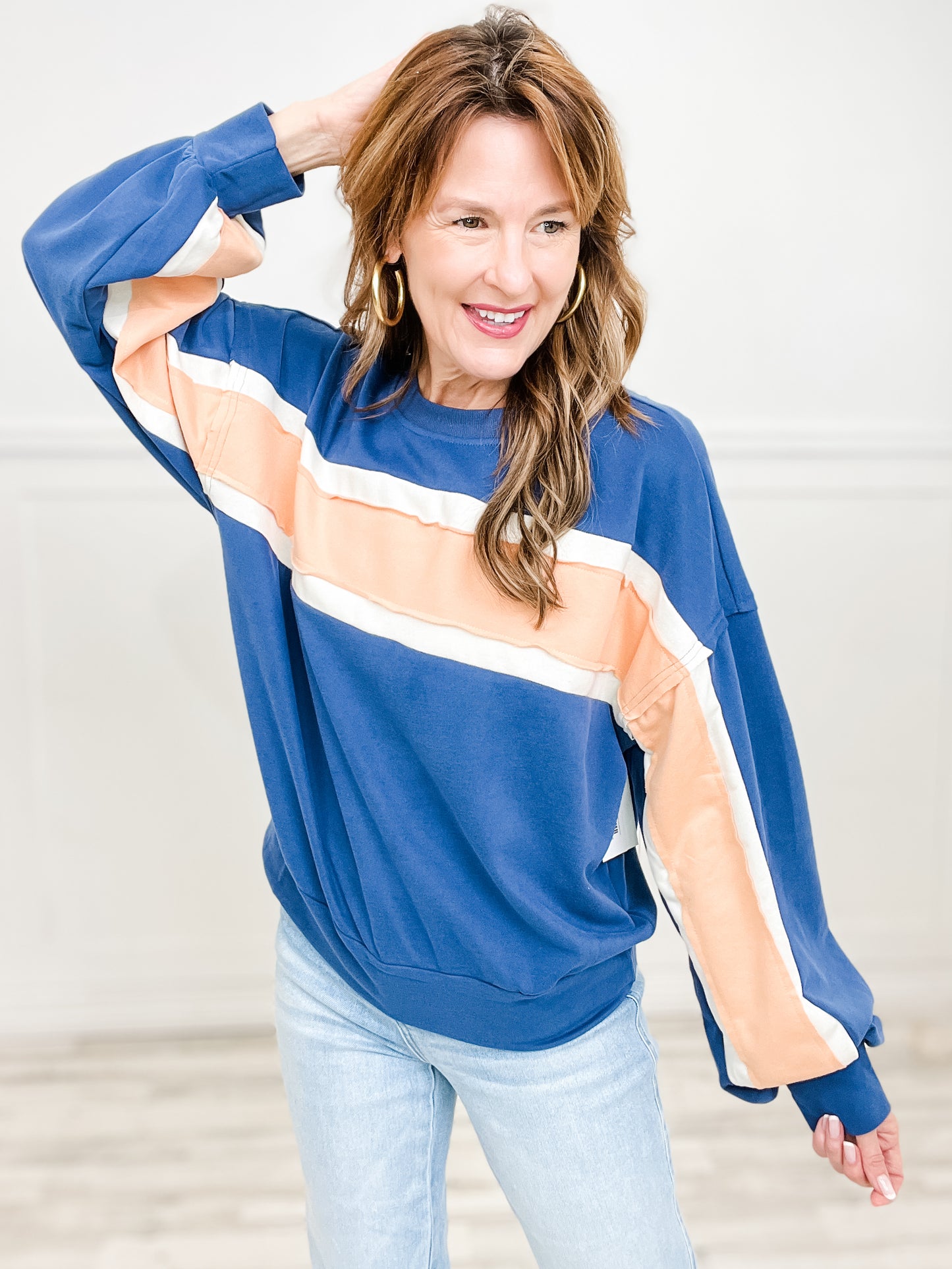 Color Block French Terry Cut Edge Detail Long Sleeve Top