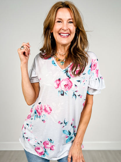 Dolman Sleeve With Double Ruffled Floral Top