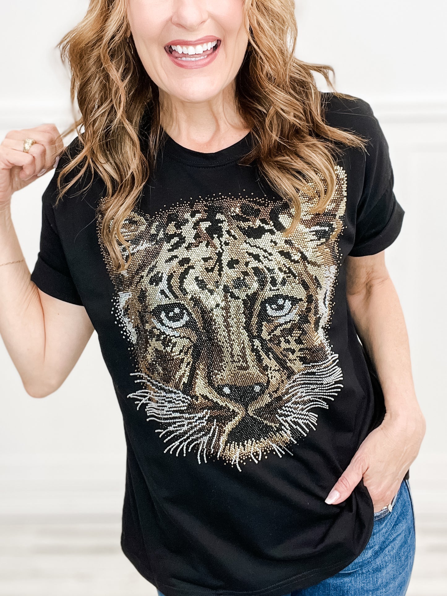 Cheetah Rhinestone Short Sleeve Top