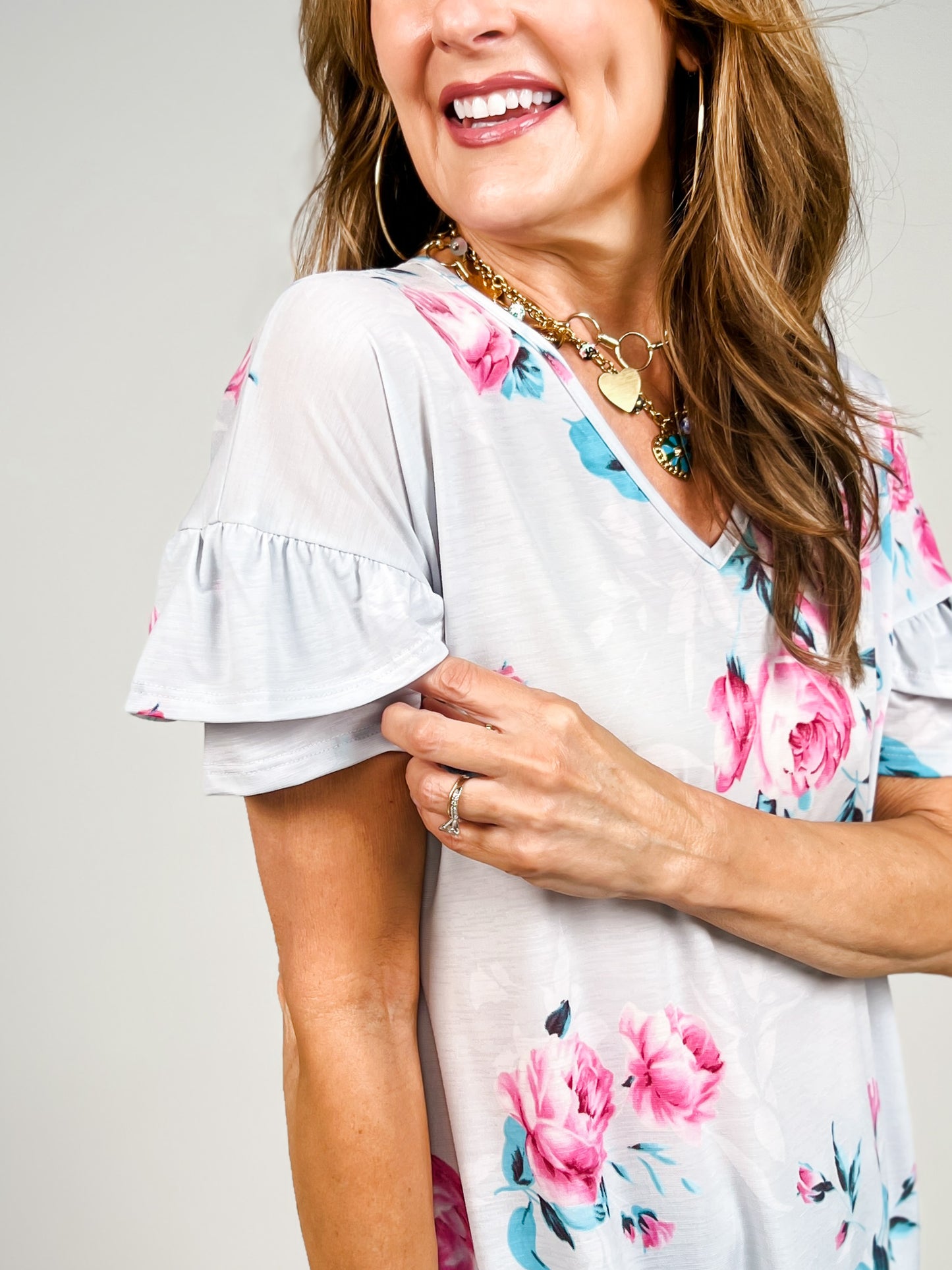 Dolman Sleeve With Double Ruffled Floral Top