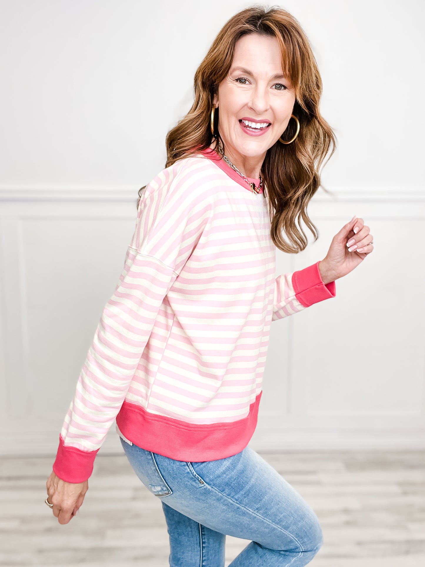 Textured Striped Banded Crew Neck Long Sleeve Pullover Top