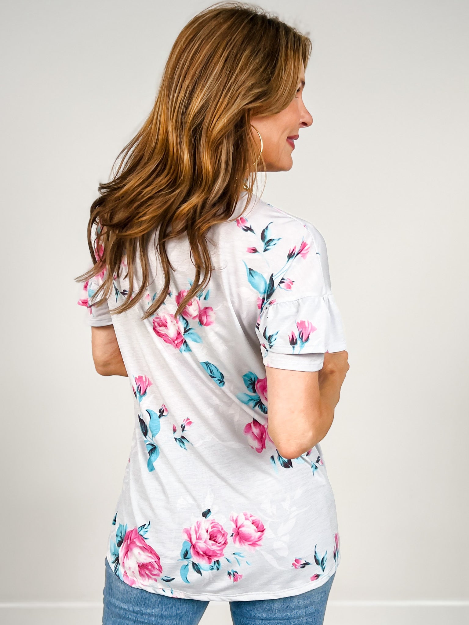 Dolman Sleeve With Double Ruffled Floral Top
