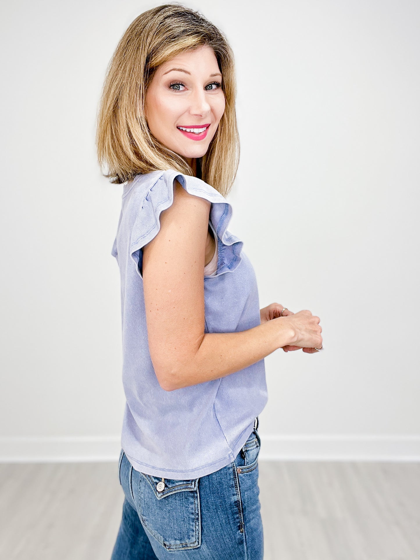 Washed Ribbed Flutter Sleeve Knit Tank Top