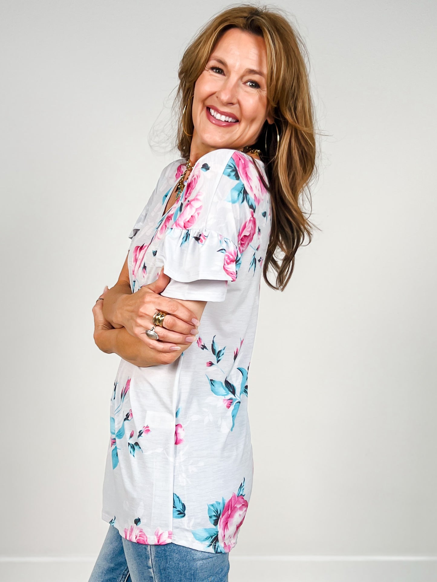 Dolman Sleeve With Double Ruffled Floral Top